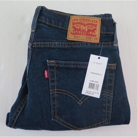 Levi's 511 Men's Sz 32x34 Dark Blue Pre Worn Straight Fit Distressed Jeans - Picture 3 of 7